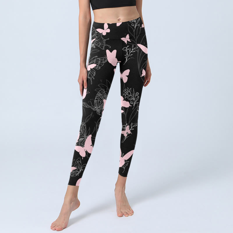 Black Butterfly Plant Lines Pattern Print Gym Leggings Women's Yoga Pants