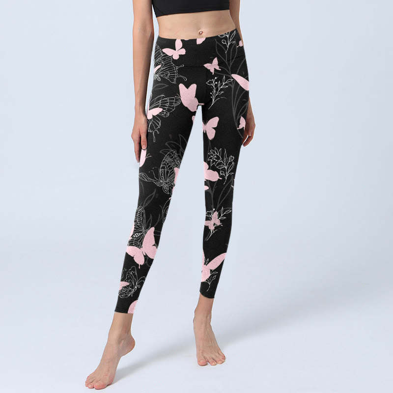 Black Butterfly Plant Lines Pattern Print Gym Leggings Women's Yoga Pants