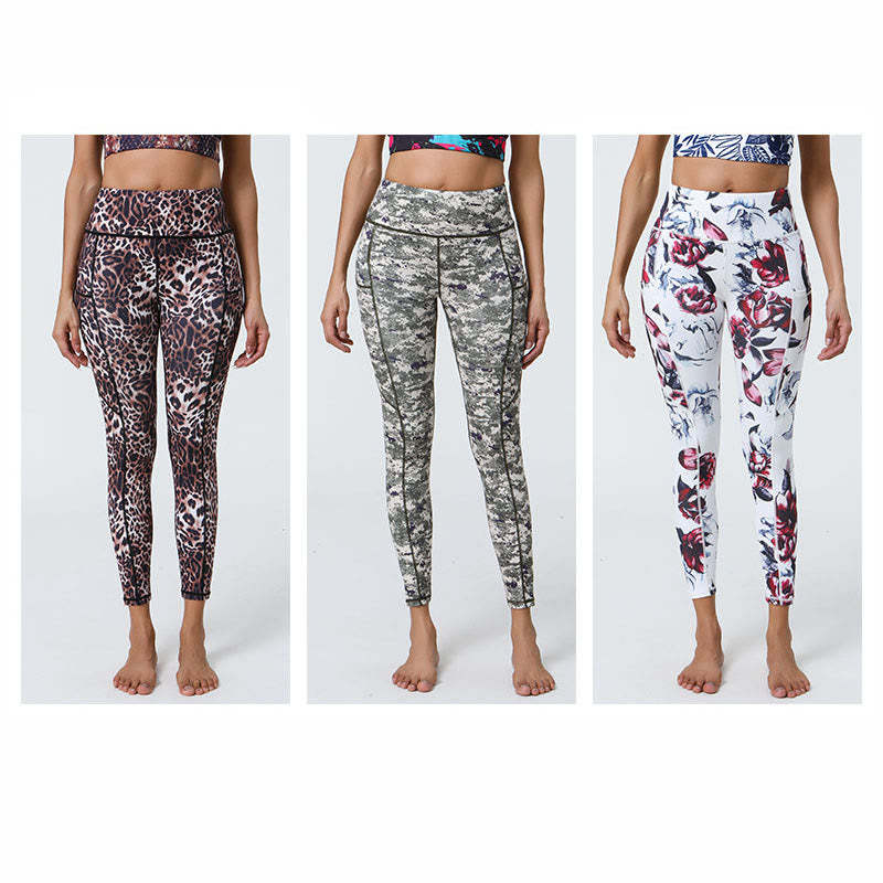 Rose Lines Tiger Leopard Print Sports Fitness High Waist Leggings Women's Yoga Pants With Pockets
