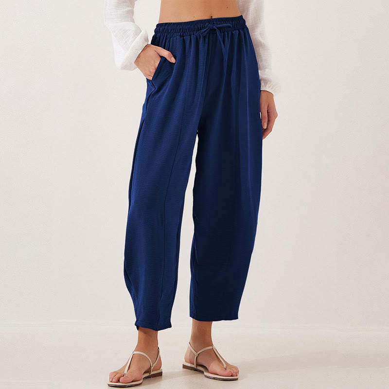 Casual Plain Loose Drawstring Women's Polyester 7/8 Length Pants  With Pockets