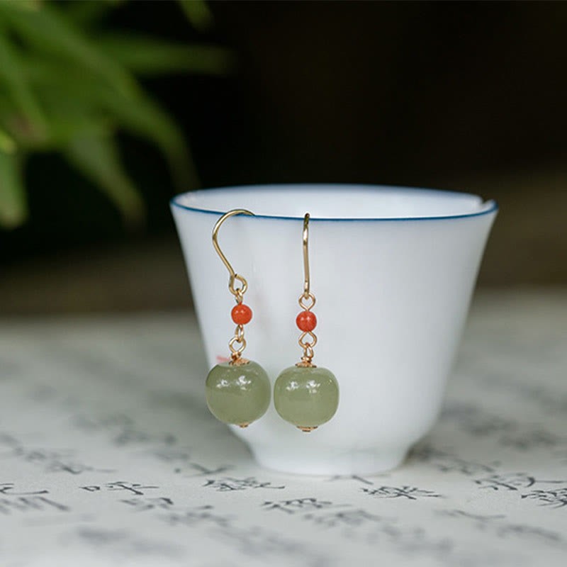 925 Sterling Silver 14K Gold Plated Hetian Jade Red Agate Luck Drop Dangle Earrings