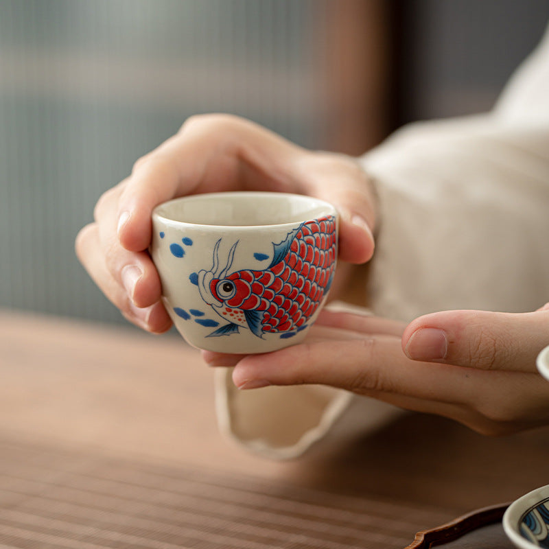 Koi Fish Arowana Peony Sunflower Ceramic Teacup Kung Fu Tea Cup 60ml