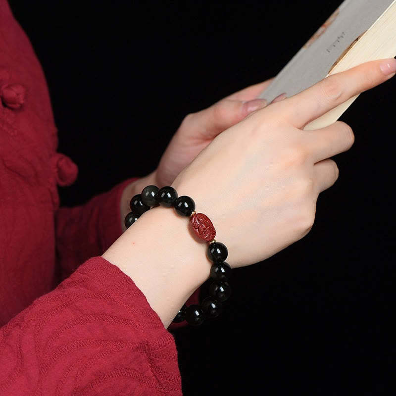 Chinese Zodiac Natal mystic zen Natural Black Obsidian Cinnabar Purification Bracelet