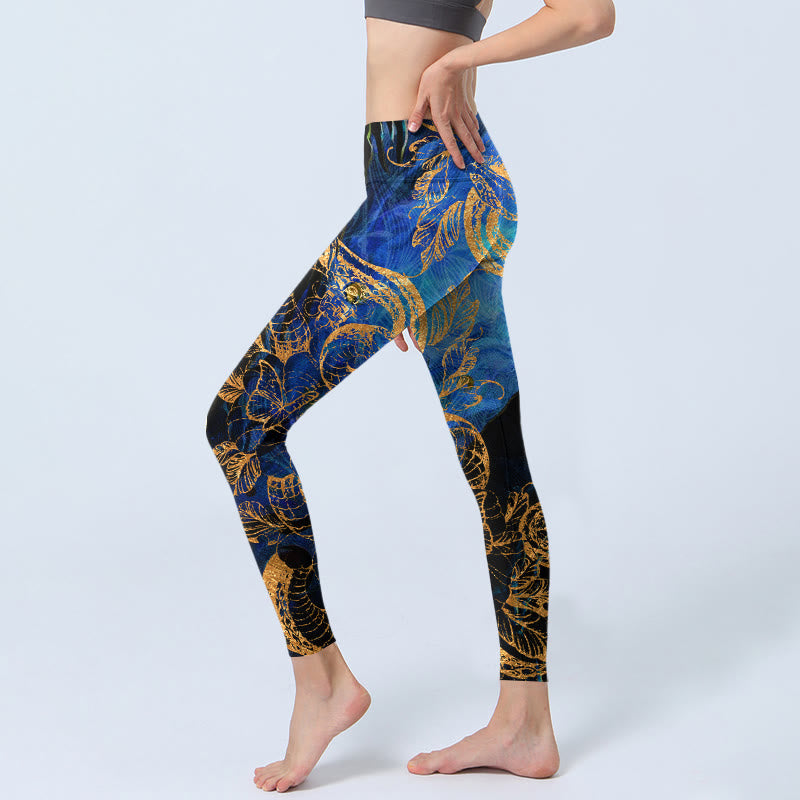 Black Snake Butterfly Flower Leaves Print Gym Leggings Women's Yoga Pants