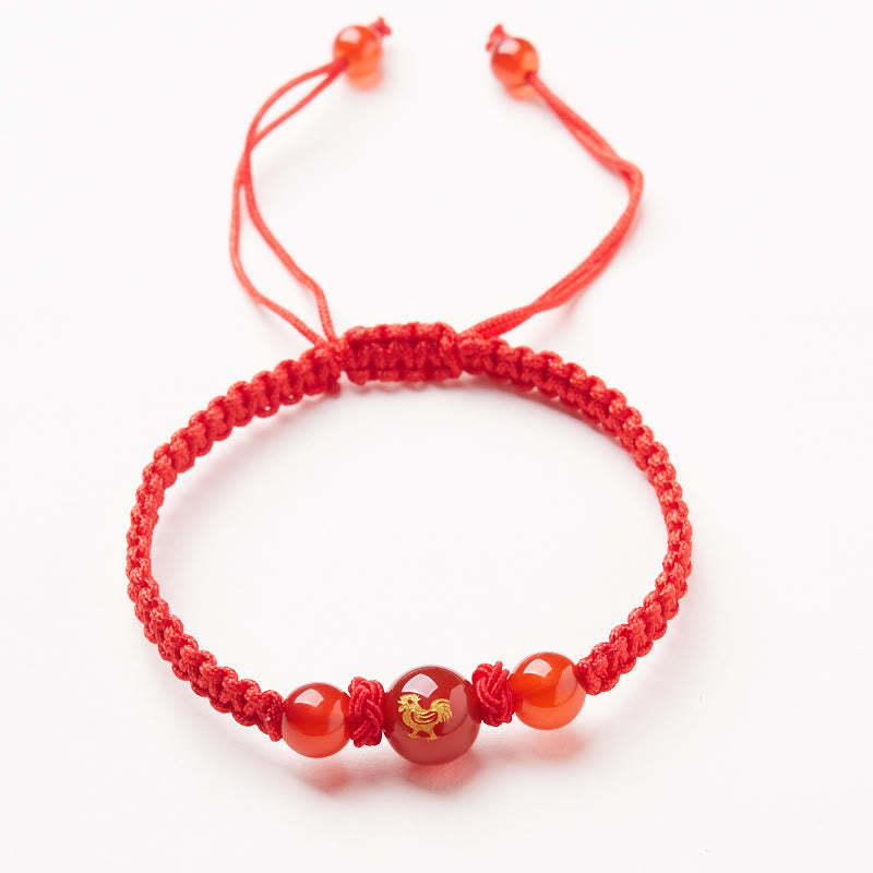 Natural Red Agate Chinese Zodiac Red String Braided Protection Luck Bracelet