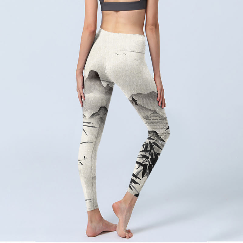 Ink Bamboo Mountains Print Gym Leggings Women's Yoga Pants