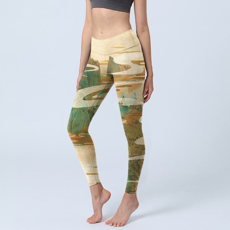 Green Mountains Clouds Mist Print Fitness Leggings Women's Yoga Pants