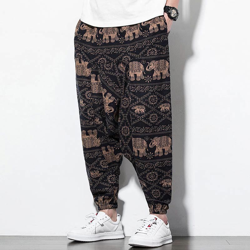 Elephant Brown Black Print Cotton Men's Long Cropped Harem Pants With Pockets