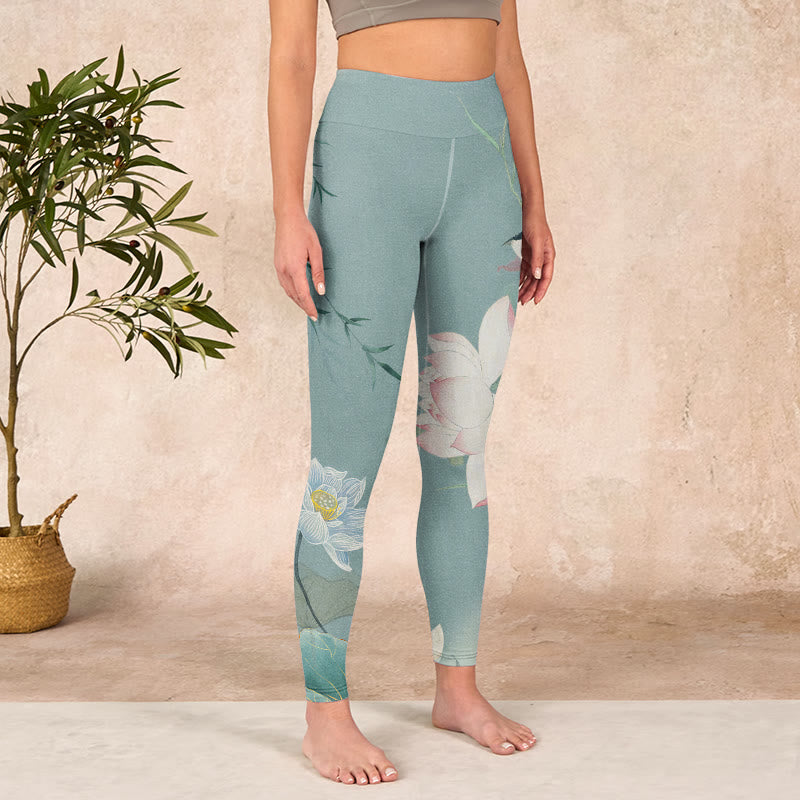 Lotus Leaf Bird Print Gym Leggings Women's Yoga Pants