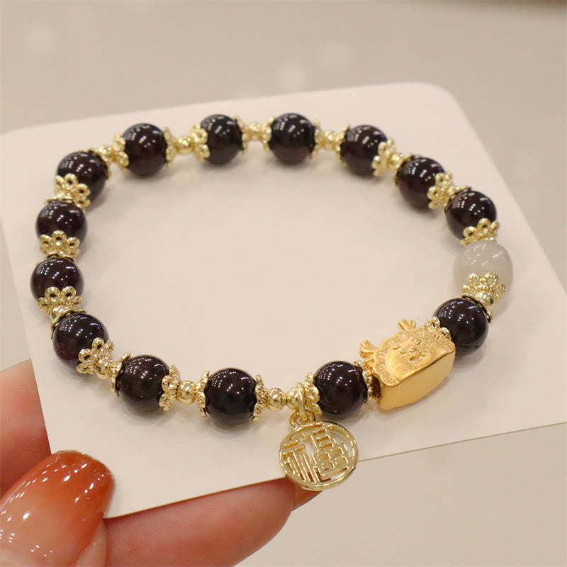 Year Of The Dragon Red Agate Strawberry Quartz Black Obsidian Jade Garnet Pearl Cinnabar Dumpling Dragon Luck Fu Character Bracelet