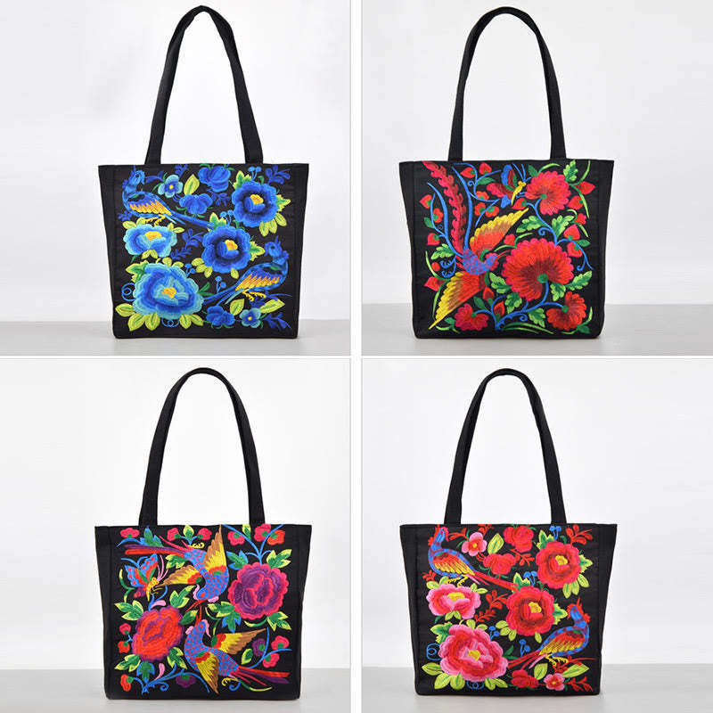 Galsang Magpie Peony Camellia Chrysanthemum Embroidery Canvas Shopping Purse Handbag Shoulder Bag