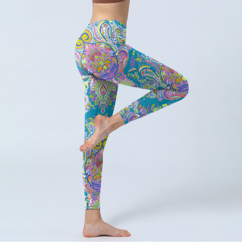 Blue Pink Green Flower Print Gym Fitness Leggings Women's Yoga Pants