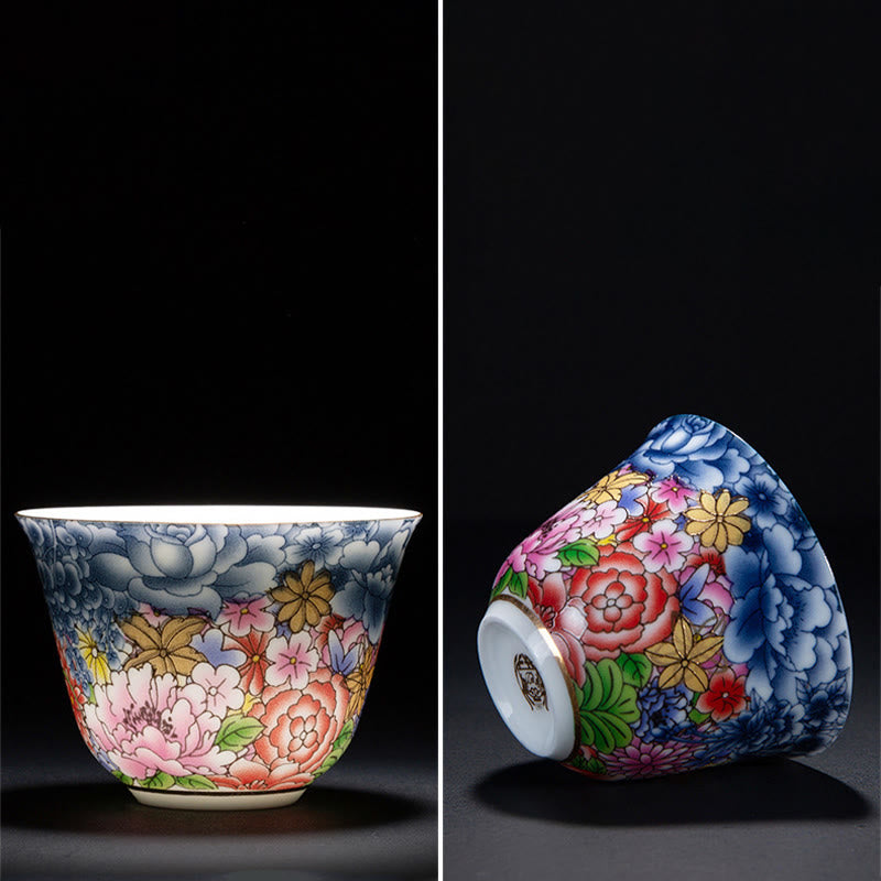 Colorful Flowers Orchid Sea Waves Blue and White Porcelain Ceramic Teacup Kung Fu Tea Cup