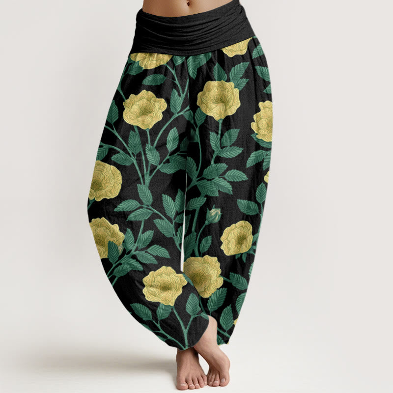 Rose Flowers Totem Pattern Women's Elastic Waist Harem Pants
