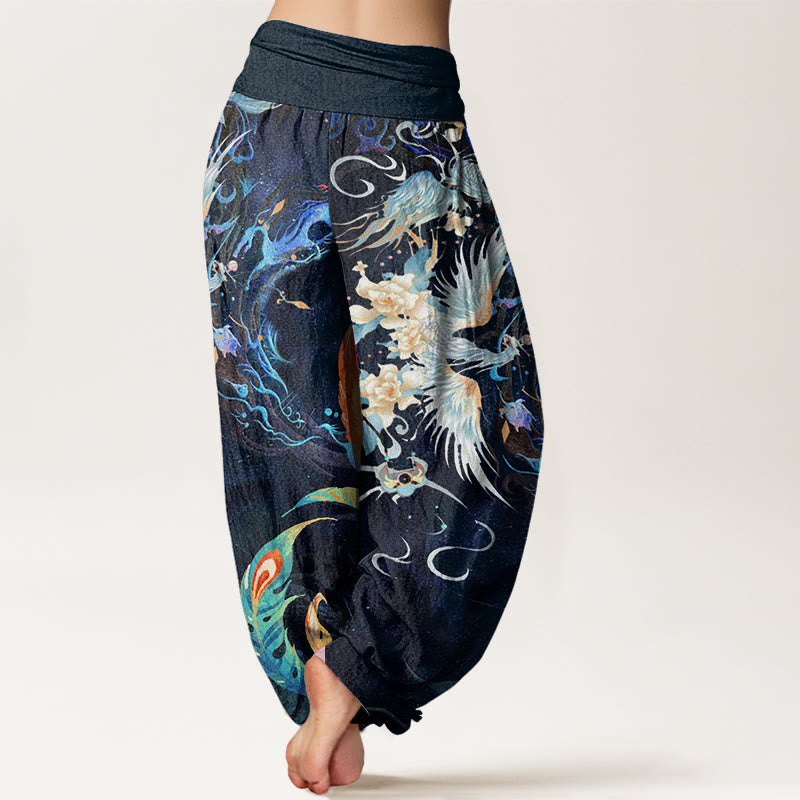 Phoenix Flower Pattern Women's Elastic Waist Harem Pants