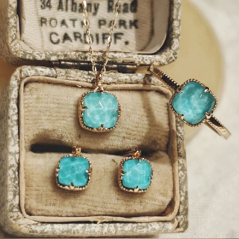 925 Sterling Silver Plated Gold Turquoise Protection Ring Earrings Necklace Pendant Set