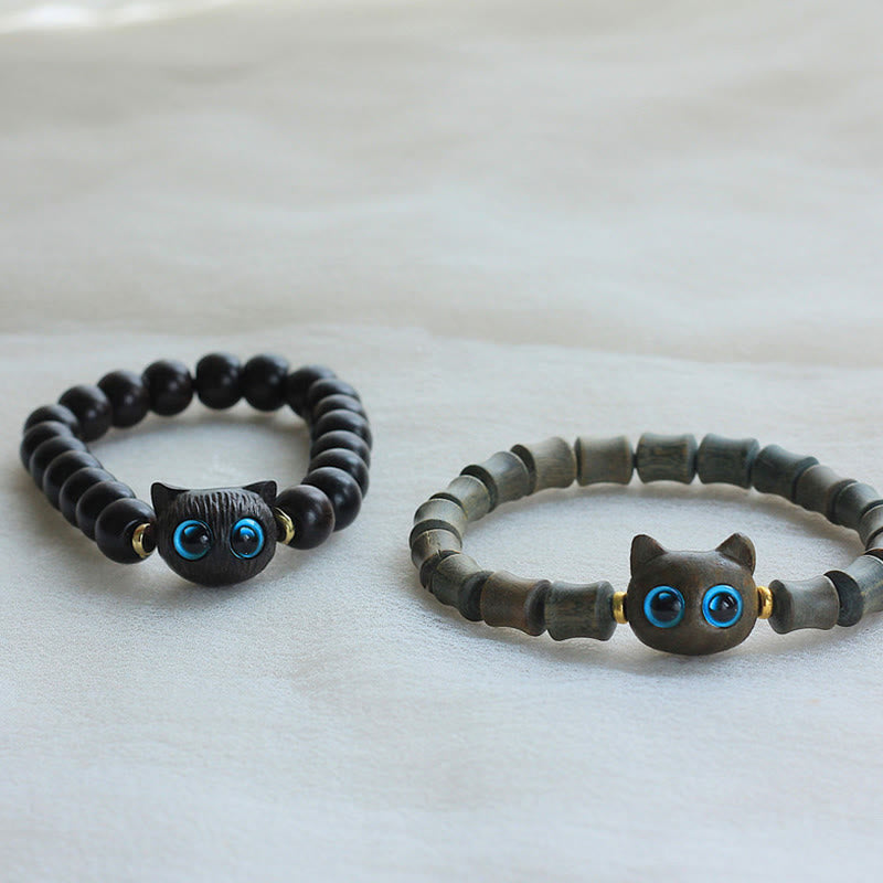 Ebony Wood Green Sandalwood Cute Cat Peace Bracelet