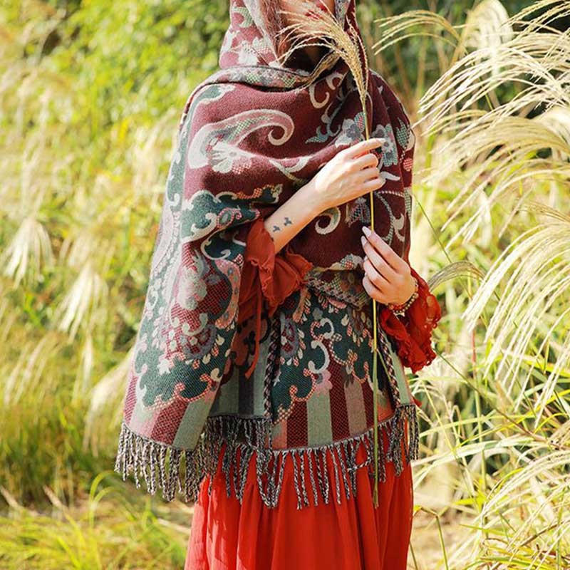 Tibetan Flowers Leaves Branch Design Tassel Shawl Cozy Travel Scarf Wrap