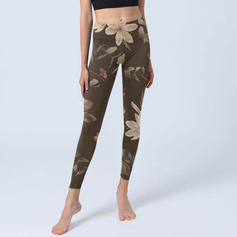 Purple White Flowers Leaves Blossom Print Gym Fitness Leggings Women's Yoga Pants