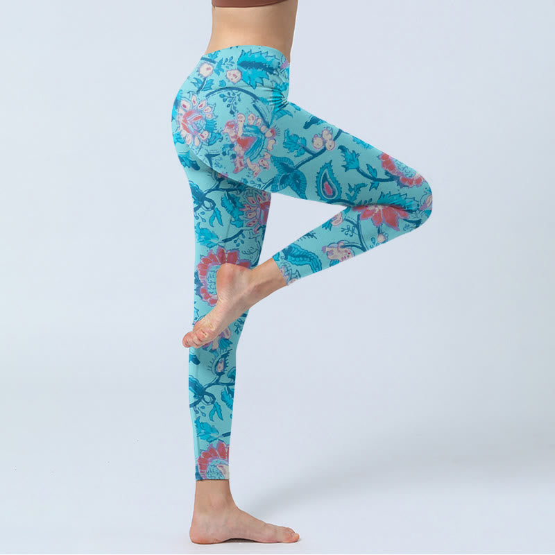 Blue Red Flowers Leaves Print Gym Leggings Women's Yoga Pants