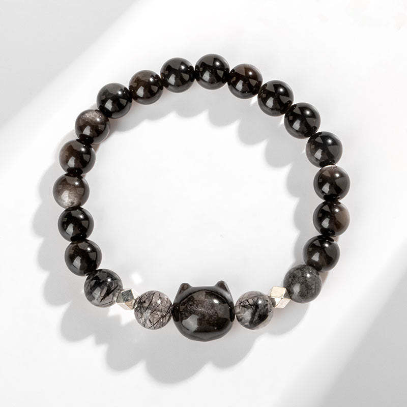 Natural Silver Sheen Obsidian Cute Cat Head Protection Bracelet
