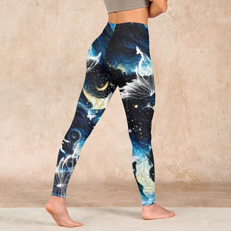 Blue Butterfly Water Waves Moon Print Gym Leggings Women's Yoga Pants
