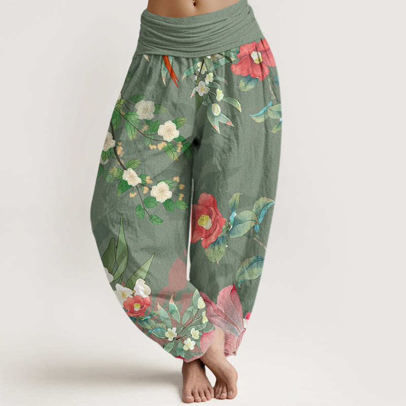 Vibrant Blooming Lotus Flower Lush Branches Women's Elastic Waist Harem Pants