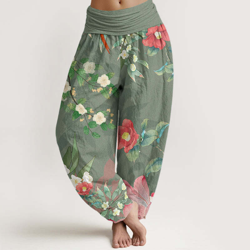 Vibrant Blooming Lotus Flower Lush Branches Women's Elastic Waist Harem Pants