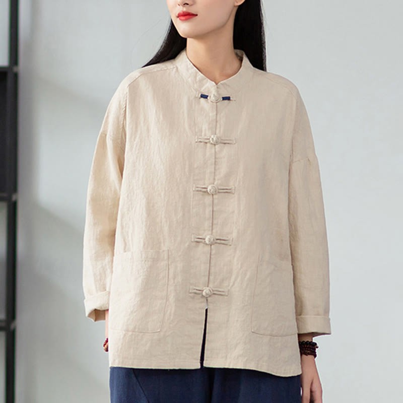 Solid Color Frog-button Long Sleeve Linen Women's Shirts With Pockets