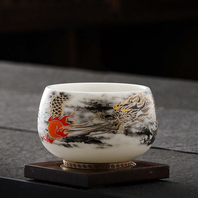 Dragon Playing With Pearl Design White Porcelain Ceramic Teacup Kung Fu Tea Cup 160ml