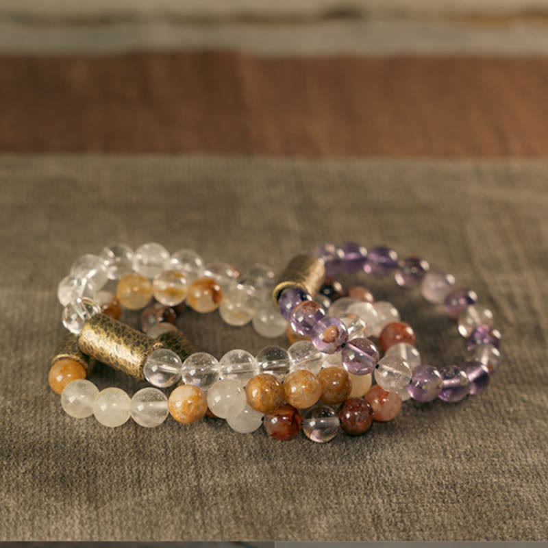 White Crystal Red Hematoid Quartz Gold Rutilated Quartz Purple Phantom Protection Bracelet