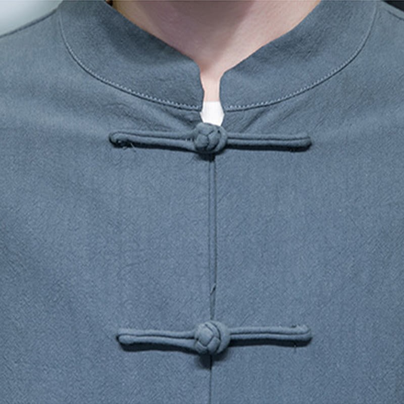 Solid Color Frog-button Tang Suit Cotton Linen Men's Jacket Shirt With Pockets