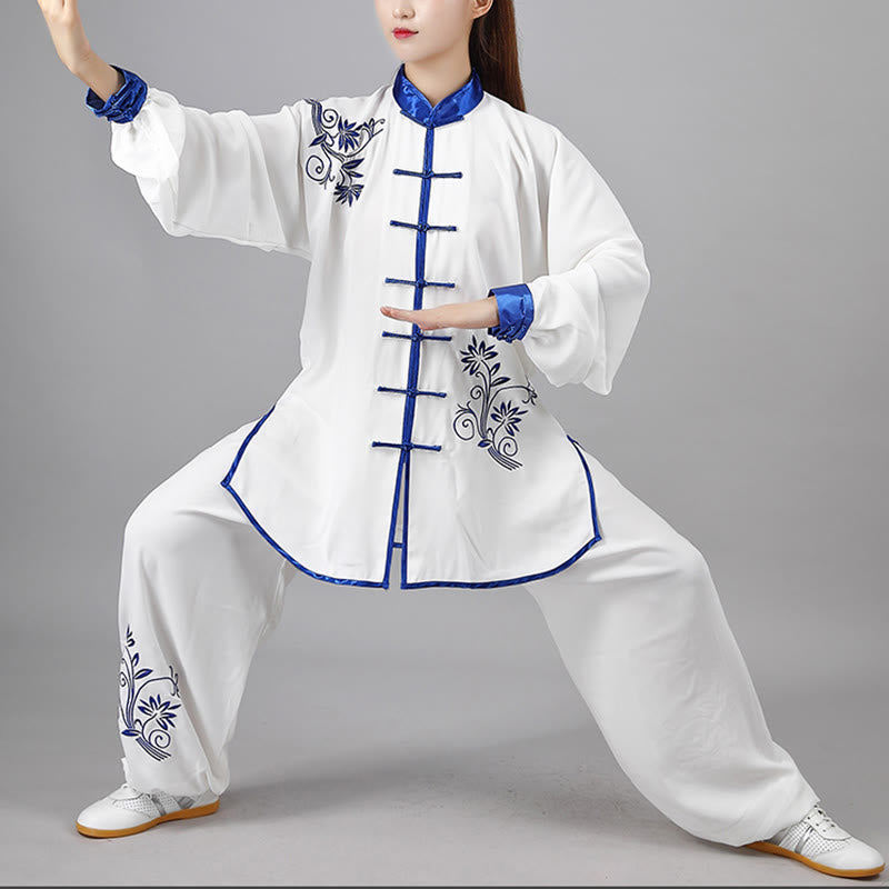 2Pcs Fall Blue Embroidery Flowers Frog-Button Tai Chi Meditation Qigong Zen Practice Unisex Cotton Clothing Set