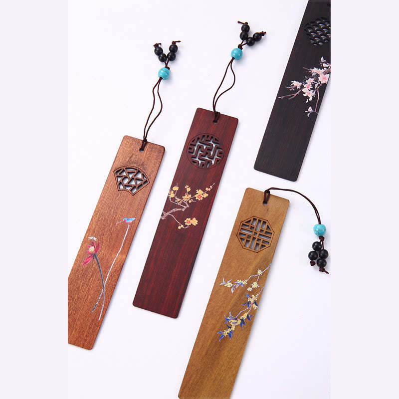4Pcs Four Seasons Plum Orchid Bamboo Chrysanthemum Peking Opera Mask Wood Bookmarks With Gift Box