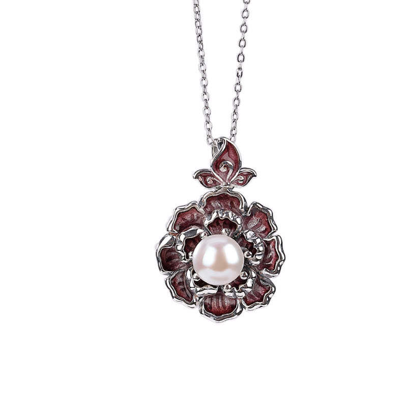 999 Sterling Silver Peony Flower Pearl Healing Necklace Pendant