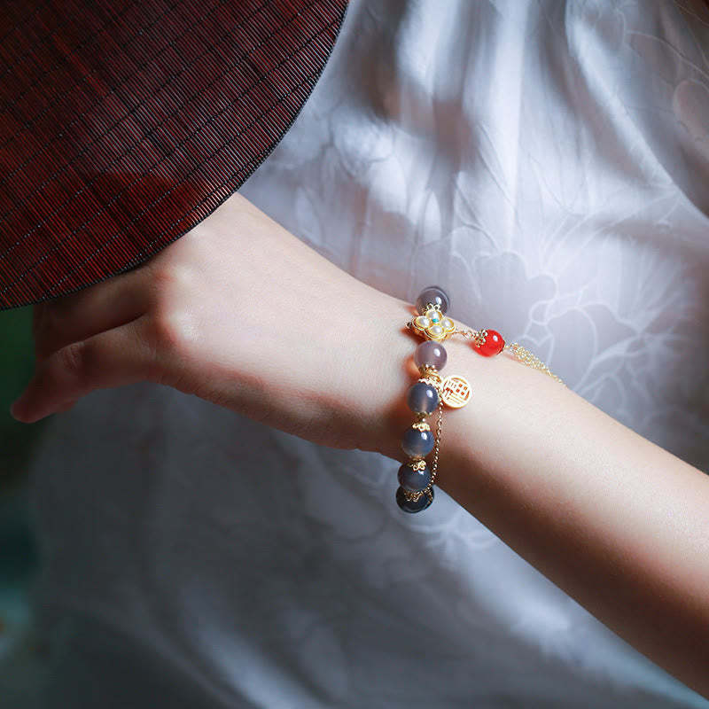Natural Gray Agate Fu Character Pearl Tassel Balance Bracelet