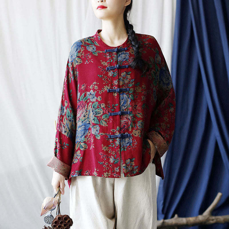 Red Flowers Green Leaves Print Frog-button Design Long Sleeve Cotton Linen Jacket Shirt