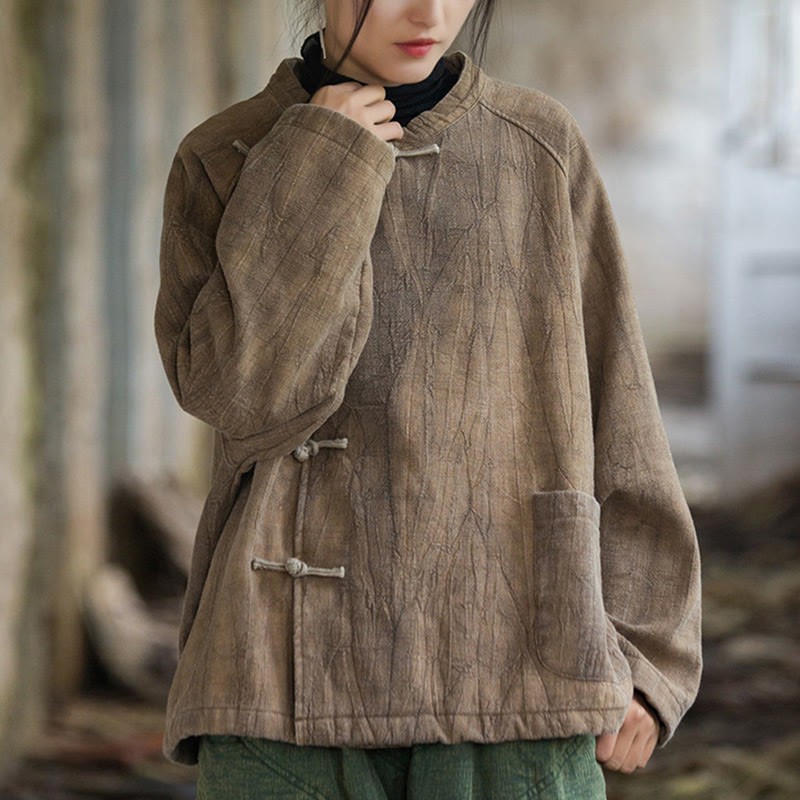 Solid Color Frog-button Thermal Long Sleeve Ramie Linen Women's Shirt