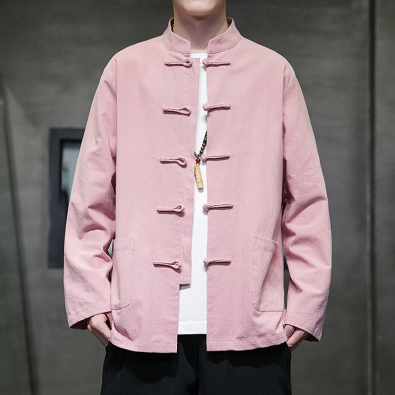 Solid Color Frog-button Tang Suit Cotton Linen Men's Jacket Shirt With Pockets