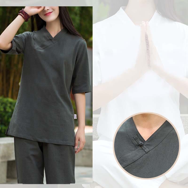 2Pcs Half Sleeve V-Neck Shirt Top Pants Meditation Zen Tai Chi Linen Clothing Women's Set