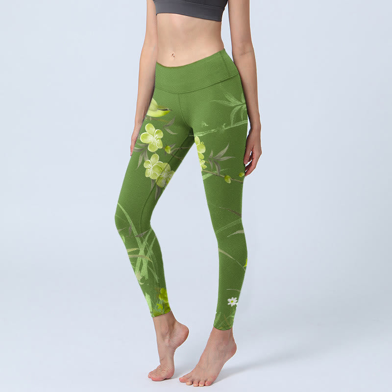 Magpie Flowers Branches Print Gym Leggings Women's Yoga Pants