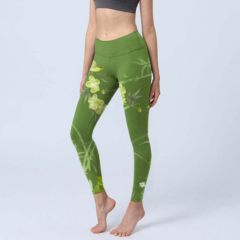 Magpie Flowers Branches Print Gym Leggings Women's Yoga Pants