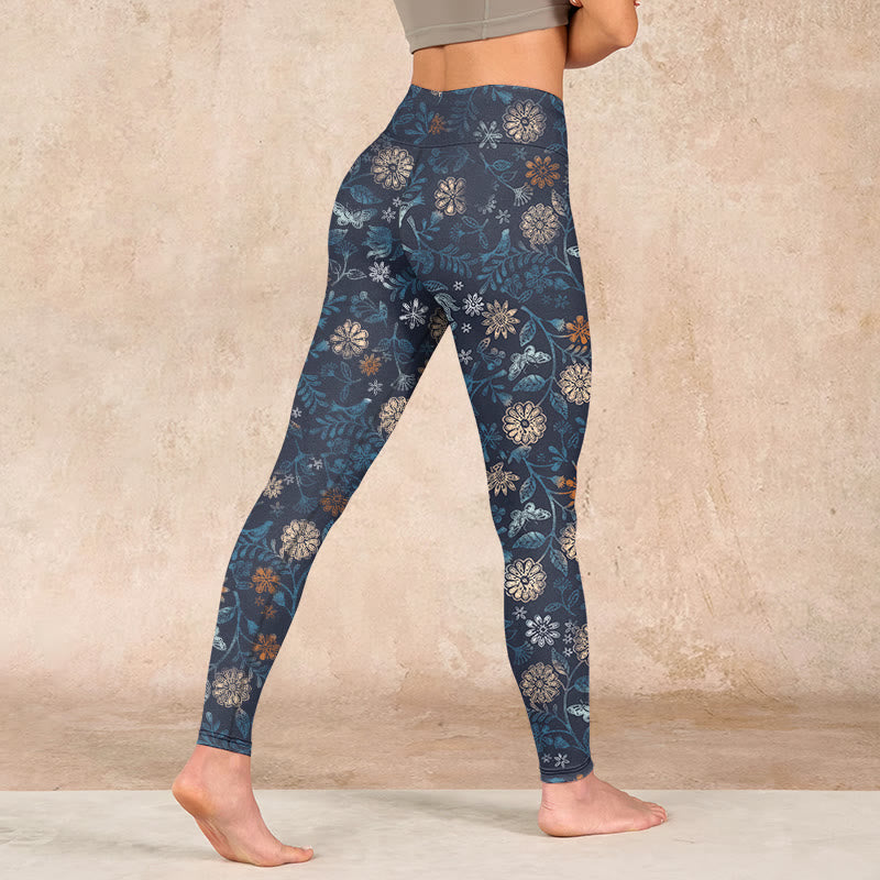New York Aster Flowers Leaves Print Gym Fitness Leggings Women's Yoga Pants