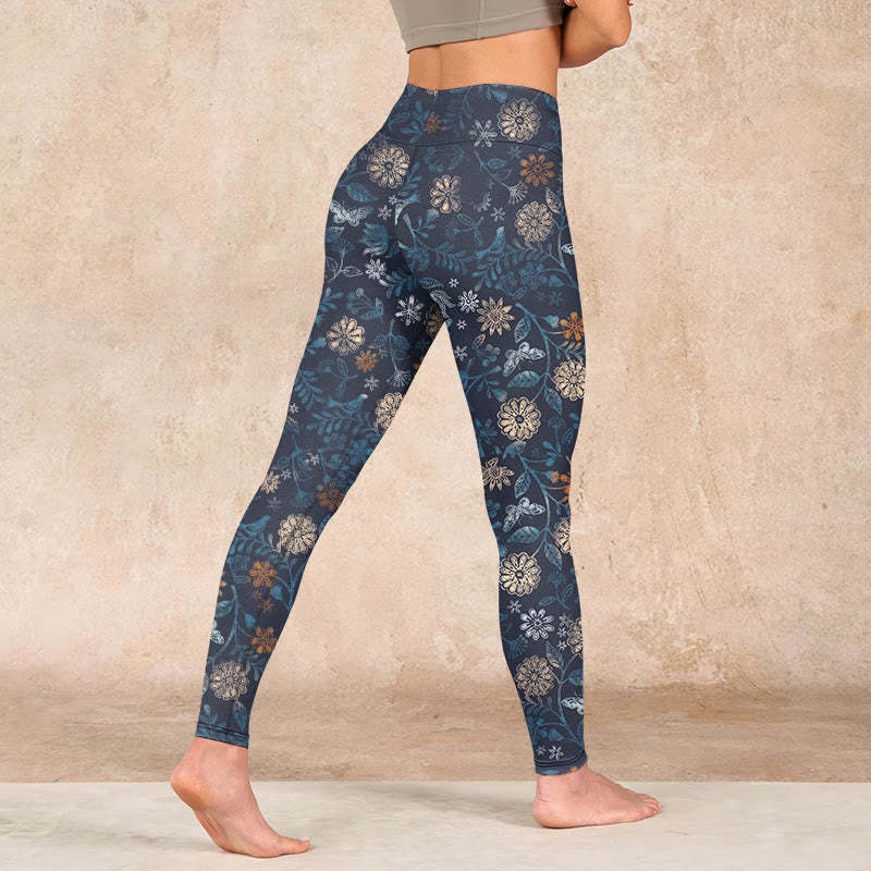 New York Aster Flowers Leaves Print Gym Fitness Leggings Women's Yoga Pants