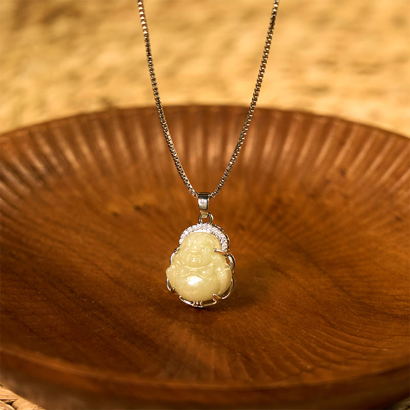 Natural Hetian Jade Laughing mystic zen Abundance Necklace Pendant