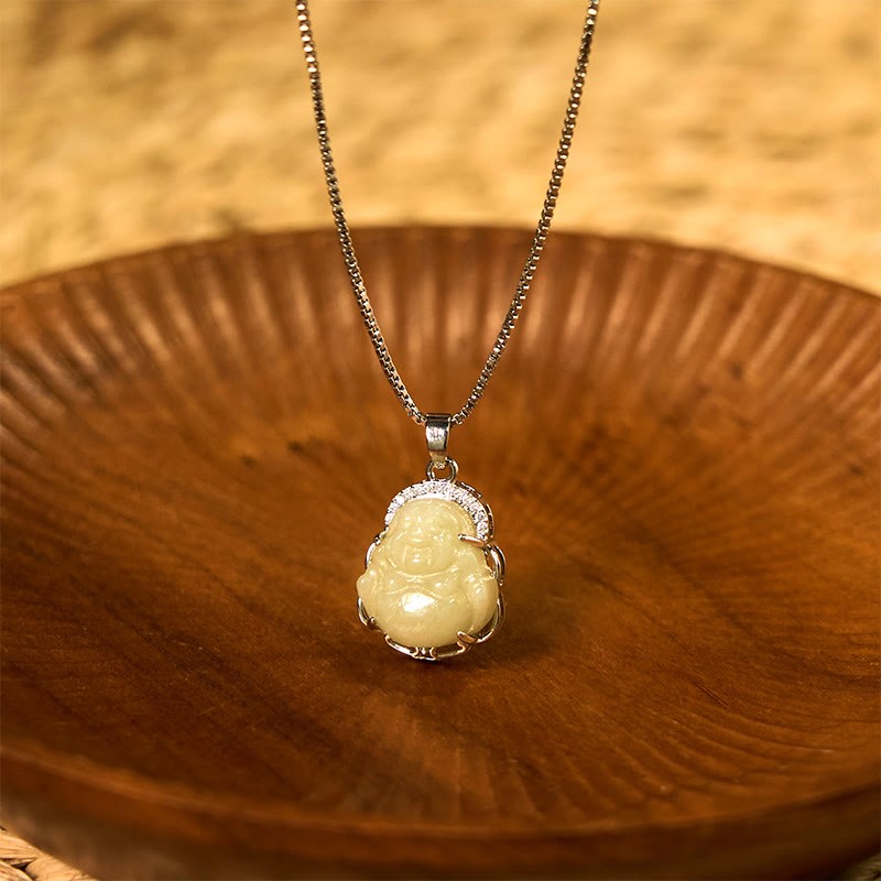 Natural Hetian Jade Laughing mystic zen Abundance Necklace Pendant
