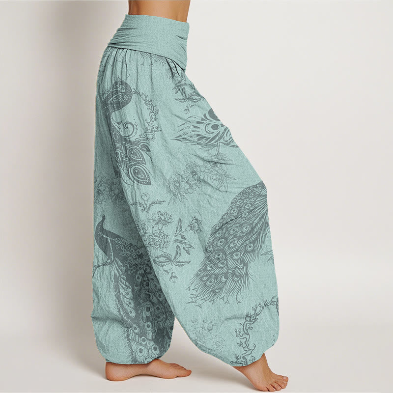 Casual Peacock Peony Flower Women's Elastic Waist Harem Pants