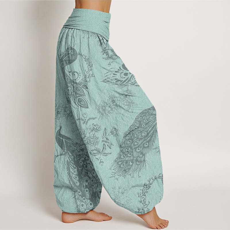 Casual Peacock Peony Flower Women's Elastic Waist Harem Pants
