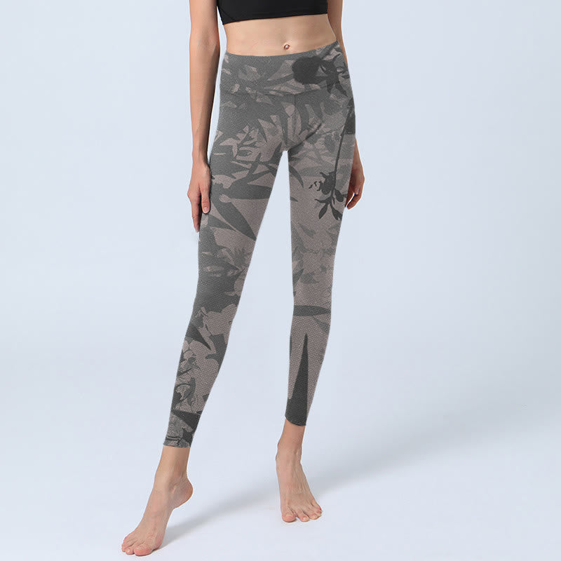 Gray Leaves Print Gym Leggings Women's Yoga Pants