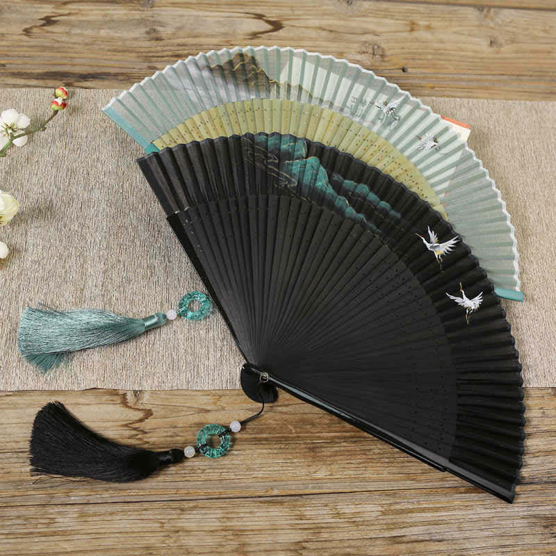 Retro Mountain River Crane Silk Handheld Bamboo Folding Fan